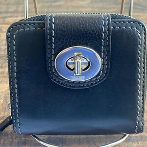 Coach Black Leather Coin Purse with Silver Turn-Lock